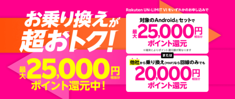 【スマホ端末1円】楽天モバイルに乗り換えで最大25,000ポイントが還元されるお得なキャンペーン