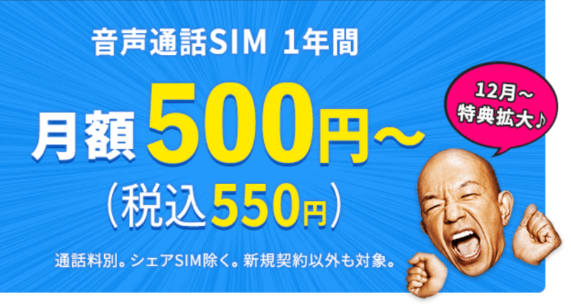 BIGLOBEモバイルは音声通話SIM1年間月額500円（税込550円）～