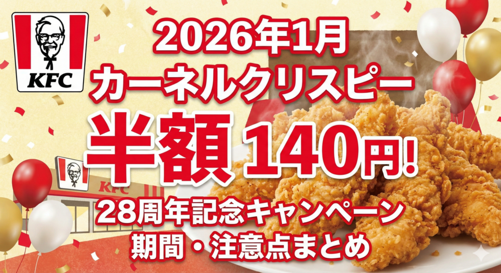 【2026年1月】ケンタッキー「カーネルクリスピー」半額140円！28周年記念キャンペーン期間・注意点まとめ