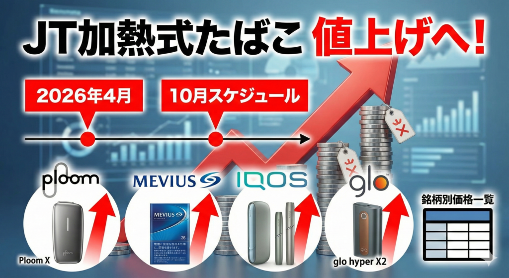 JT加熱式たばこ値上げへ！2026年4月・10月のスケジュールと銘柄別価格一覧｜プルーム・メビウス・IQOS・glo