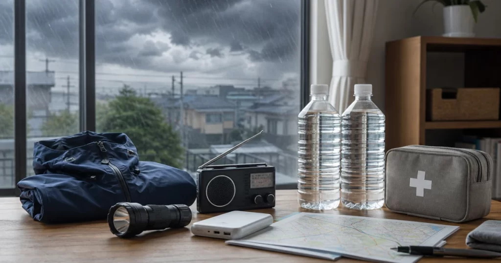 台風接近に備えて机に並べた懐中電灯・携帯ラジオ・飲料水・モバイルバッテリー・救急用品（AI生成イメージ）
