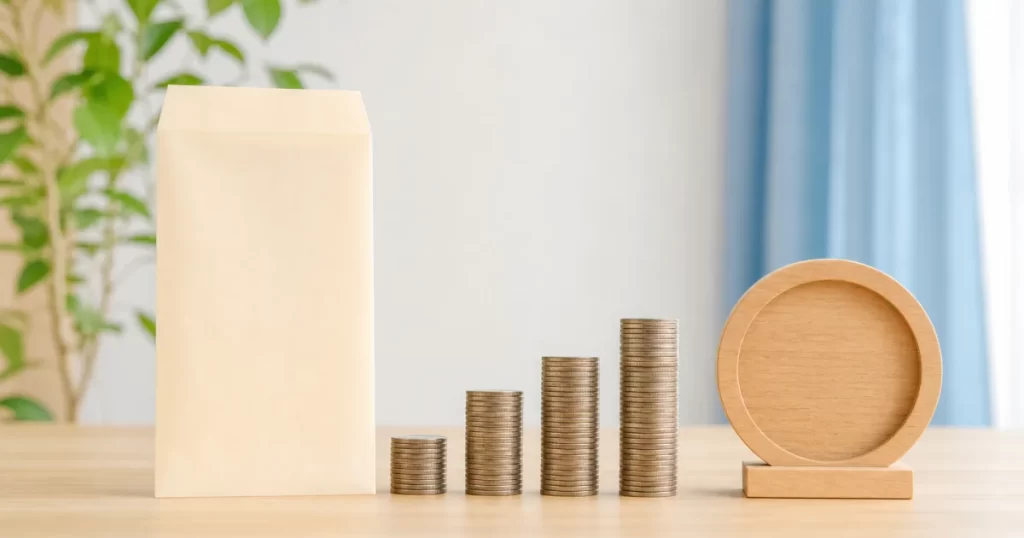 最低賃金引き上げを表す、無地の給与封筒と段階的に高くなるコイン、文字のない木製時計のAI生成イメージ
